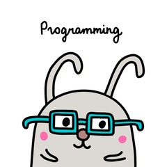 Programming rabbit in glasses hand drawn vector illustration cartoon comic style nerd animal wild coding profession