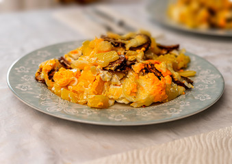 typical Balkan food made from potatoes, cheese and homemade sausages