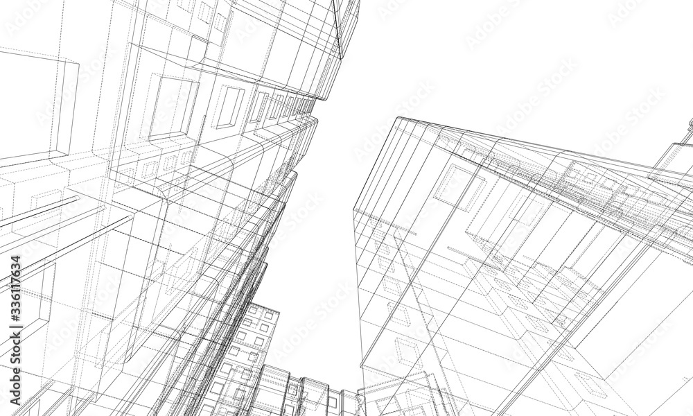 Wall mural vector wire-frame model of a multi-storey building - Wall murals