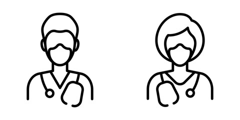 A set of two icons of doctors in a medical protective mask. A man and a woman. Black outline on a white background. Isolated. On the shoulders of the phonendoscope.