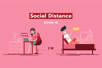 Young Girls and Boy stay home a both and chat on social media whlie working and rest.