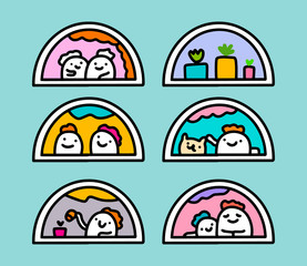 Obraz premium Stay home together infection comid-19 coronavirus protection around the world hand drawn illustrations in cartoon comic style people plants domestic animals