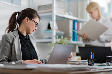 Colleagues on the job at the office. Two business women busy working on a project.