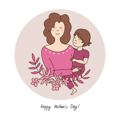 Hand drawn Mother's day greeting card. Mother with baby background. Vector illustration.