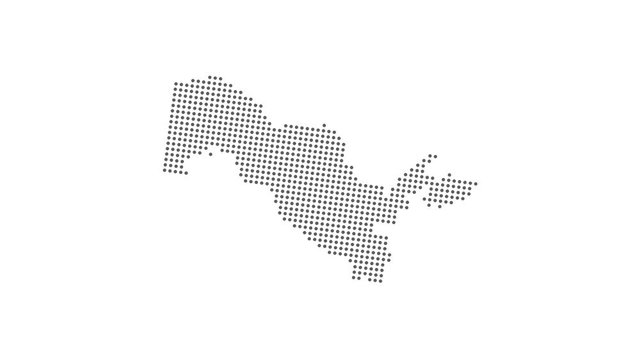 Dotted abstract Uzbekistan map. Dotted Uzbekistan map animation. 4K video. Process of spreading to the full map