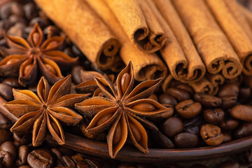 Obraz na płótnie Canvas Stars of anise, coffee beans in a saucer and cinnamon sticks close - up in brown tones.