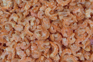 Dried shrimps, prawn, crustaceans on the market for sell. Food background