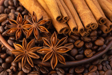 Stars of anise, coffee beans in a saucer and cinnamon sticks close - up in brown tones.