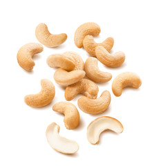 Cashew nuts scatter isolated on white background. Package design element with clipping path