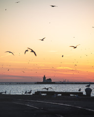 Sunset on Lake Erie with a lighthouse