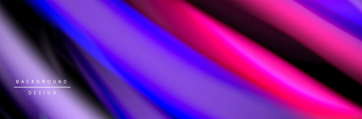 Silk and smooth flow wave poster design. Color waves, liquid style lines and shapes in black color background