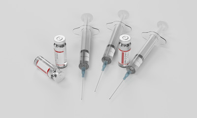 Syringe and vaccine. Used for prevention from 2019-nCov or covid-19. 3d rendering - illustration.