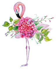 Watercolor illustration of flamingo and flowers, for wedding cards, romantic prints, fabrics, textiles and scrapbooking. - 336121688