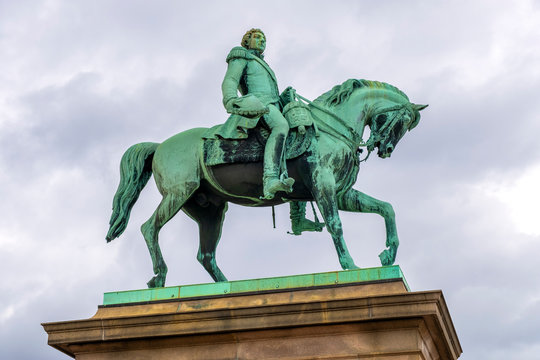 Oslo, Norway - Statue of King Charles XIV John - Karl XIV Johan - in front of Oslo Royal Palace, Slottet, in Slottsplassen square in historic city center