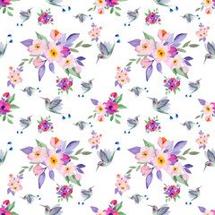 Watercolor seamless pattern of flowers and leaves, for wedding cards, romantic prints, fabrics, textiles and scrapbooking. - 336122029