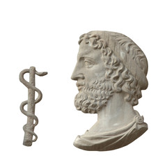 Asclepius (Greek Ασκληπιός, Lat. Aesculapius) - god of treatment, the son of Apollo and Koronidy. Ancient statue isolated on white background.