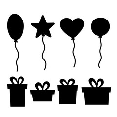 Balloon and present boxes for the holiday. Balls in the shape of an oval, heart, star Silhouettes isolated on a white background. Black icons. Vector illustration. Great for holiday design, stickers.