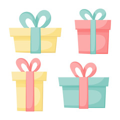 Cute present boxes. Cartoon gifts for the holiday. Isolated on a white background. Vector illustration. Great for holiday design, greeting cards, postcards, stickers, banners, posters.