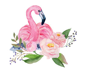 Watercolor illustration of flamingo and flowers, for wedding cards, romantic prints, fabrics, textiles and scrapbooking. - 336122497