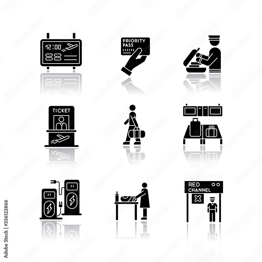 Poster airport terminal drop shadow black glyph icons set. flight information panel. priority pass. securit