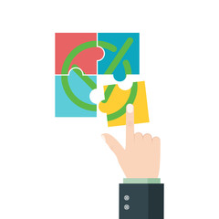 Completion mission. Businessman connect the pieces of jigsaw puzzle. Successful work. Vector illustration in flat style.