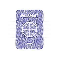 passport, simple icon. Hand drawn sketched picture with scribble fill. Blue ink. Doodle on white background
