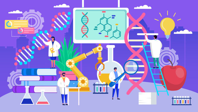 Genetic engineering dna vector illustration. Cartoon flat tiny geneticist people work in laboratory, engineer character changing human genome. Biotechnology research, biochemistry concept background