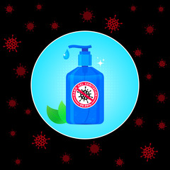 Bottle of alcohol for hygiene. Antibacterial gel for hand sanitation against bacteria, Coronavirus, Covid 19. The concept of protecting hands from the virus. Vector illustration