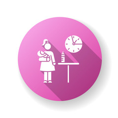 Part time babysitter pink flat design long shadow glyph icon. Babysitting service worker. Girl looking after baby. Day child care. Help with infant kid. Silhouette RGB color illustration