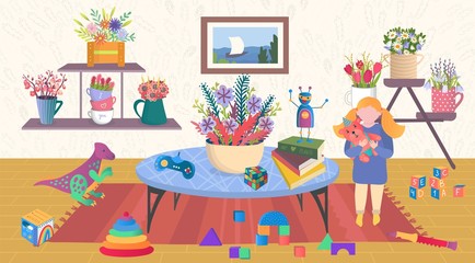 Children at home vector illustration. Cartoon flat child character playing toys in cozy apartment with houseplants in pots, girl kid standing at table with games, books in living room home interior