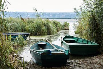 Naklejka na ściany i meble Two wooden boats, painted in green, moored at the lake bank. Natural landscape with green trees and lake with cane. Fishing boats ready to go.
