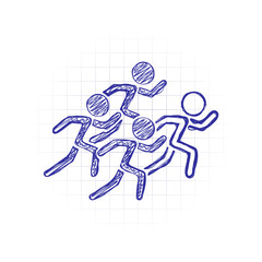 running people. team with leader. Hand drawn sketched picture with scribble fill. Blue ink. Doodle on white background