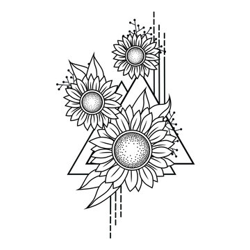 Hand drawn flower with geometric figures. Vector illustration isolated on white. Tattoo design, symbol. Print, posters, t-shirts and textiles.
