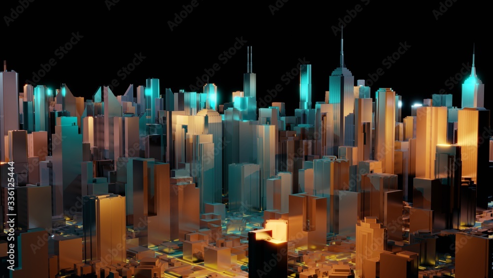 Poster abstract 3d city rendering with lines and digital elements. digital skyscrapers. technology concept.