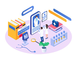 Isometric medical consultant vector illustration. Cartoon 3d doctor character advising, consulting tiny colleague people using app smartphone in hospital. Mobile online medicine consultation concept