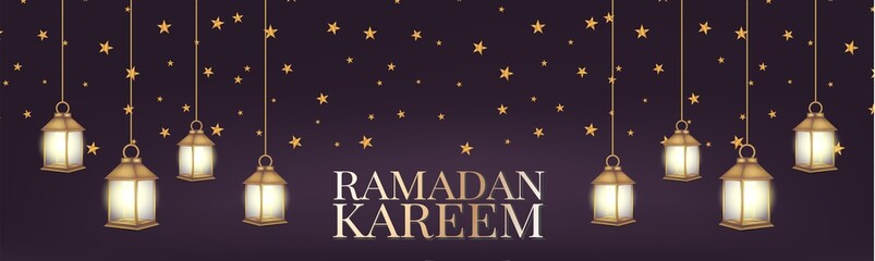 Ramadan Kareem banner or long header. Arabic religious holiday concept. Hanging golden lantern and stars over dark purple background. Vector illustration with lettering. © Natalie Adams
