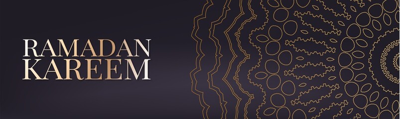 Ramadan Kareem banner or header. Arabic religious holiday concept. Golden ornament over black background. Vector illustration with lettering.