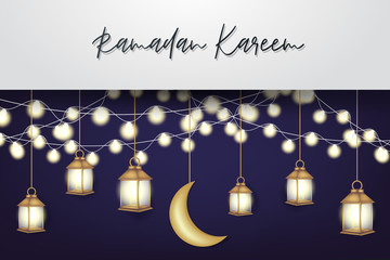 Ramadan Kareem poster. Arabic religious holiday concept. Hanging golden  lantern and garland over dark purple background. Vector illustration with lettering.