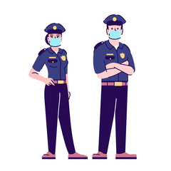 Police officers in covid19 pandemic flat isolated vector illustration. Cops in surgical masks 2D cartoon character with outline on white background. Law enforcement in coronavirus outbreak