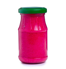 Glass jar horseradish on white background isolation