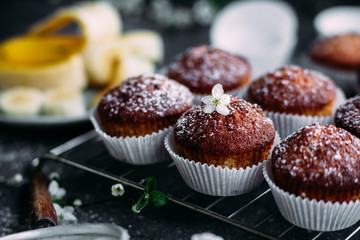 Banana muffins on the table. Breakfast