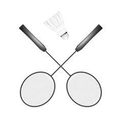 Shuttlecock and black racket. Badminton - sport equipment. Vector illustration isolated on white background