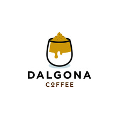 Obraz premium dalgona coffee drink logo with cream and glass icon in trendy minimal line cartoon illustration