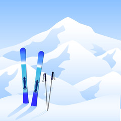 Ski resort banner. Ski on snow and mountains view. Extreme and healthy lifestyle. Vectoro illutration