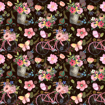 Watercolor spring or summer flowers and bicycle seamless pattern. Cute botanical print, blooming meadow illustration with bike and wildflower bouquet, herbs, leaf on black background.