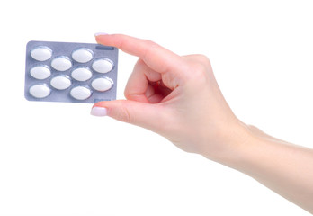 Fototapeta na wymiar blister white pills capsules in hand medicine pharmacy on white background isolation