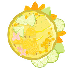 Acai smoothie bowl with lime, pineapple, flowers top view. Healthy natural breakfast. Portion of yellow smoothie with fruits in a bowl isolated on white background. Vector hand drawn illustration