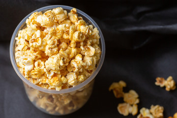 Popcorn in a large bucket.