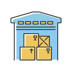 Warehousing yellow and blue RGB color icon. Merchandise storage, storehouse building, stockroom exterior. Industrial premises, factory floor. Isolated vector illustration