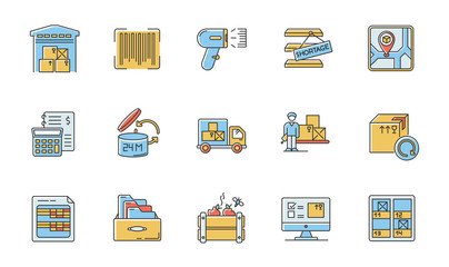 Inventory tracking RGB color icons set. Warehousing, goods receipt and purchase returns. Financial accounting and inventory control. Isolated vector illustrations